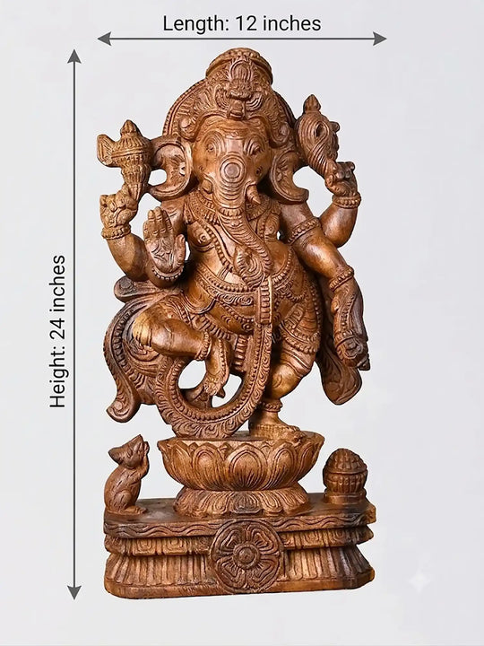 Dancing Ganesha on Lotus – Handcrafted Traditional Wooden Sculpture 24"