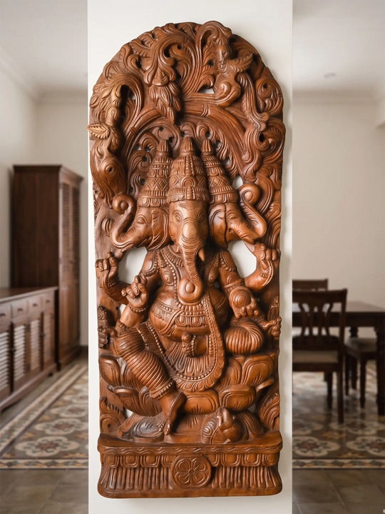 Hand-Carved Three Head Ganesha High-Relief Wooden Panel