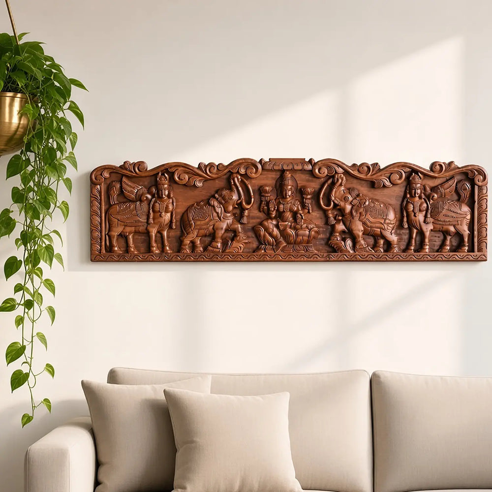 Gajalakshmi wooden panel with traditional Indian wood carving