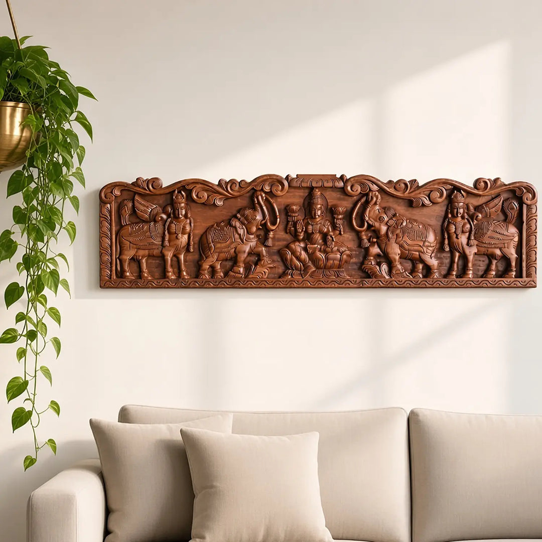 Gajalakshmi wooden panel with traditional Indian wood carving