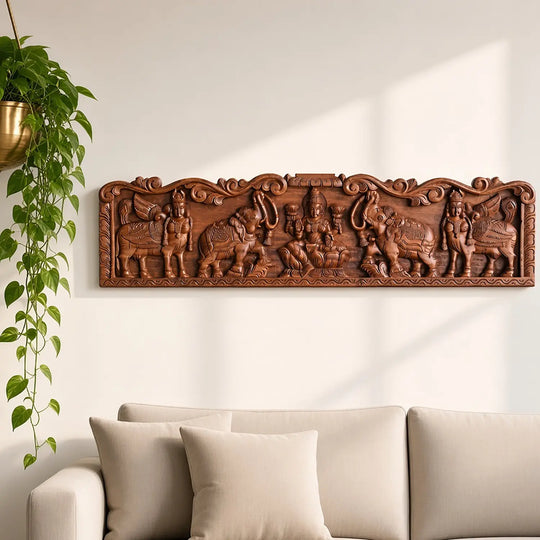 Gajalakshmi wooden panel with traditional Indian wood carving