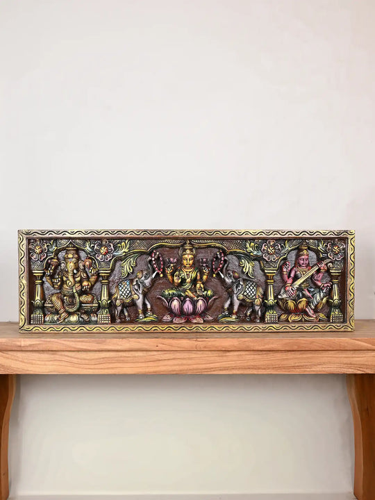 Multicolourd Gajalakshmi with Ganesha and Saraswati Wooden Panel 11.5"