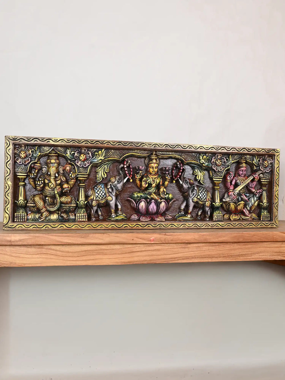 Multicolourd Gajalakshmi with Ganesha and Saraswati Wooden Panel 11.5"