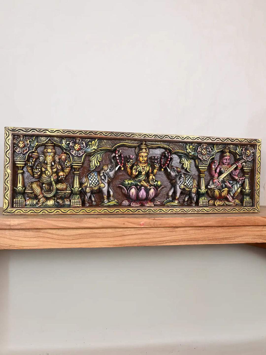 Multicolourd Gajalakshmi with Ganesha and Saraswati Wooden Panel 11.5"