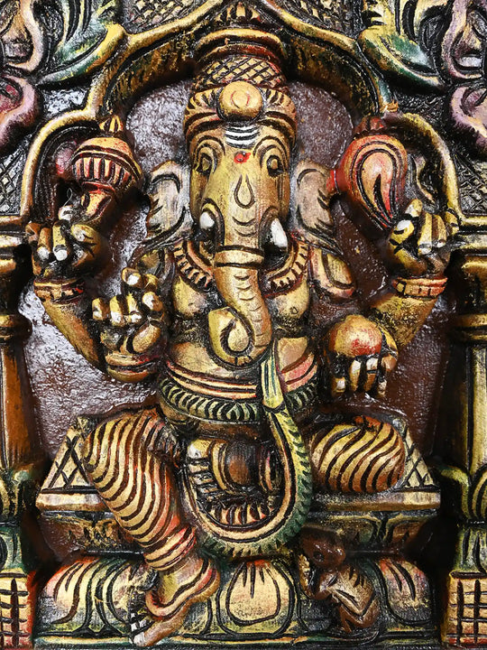 Multicolourd Gajalakshmi with Ganesha and Saraswati Wooden Panel 11.5"