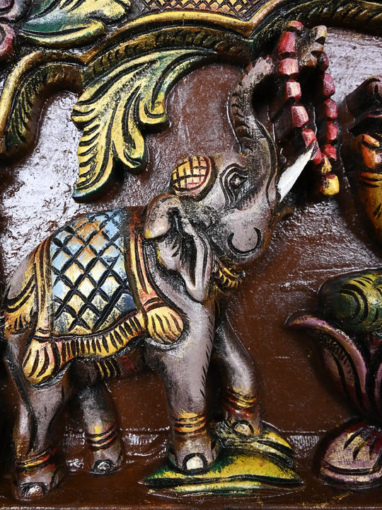 Multicolourd Gajalakshmi with Ganesha and Saraswati Wooden Panel 11.5"