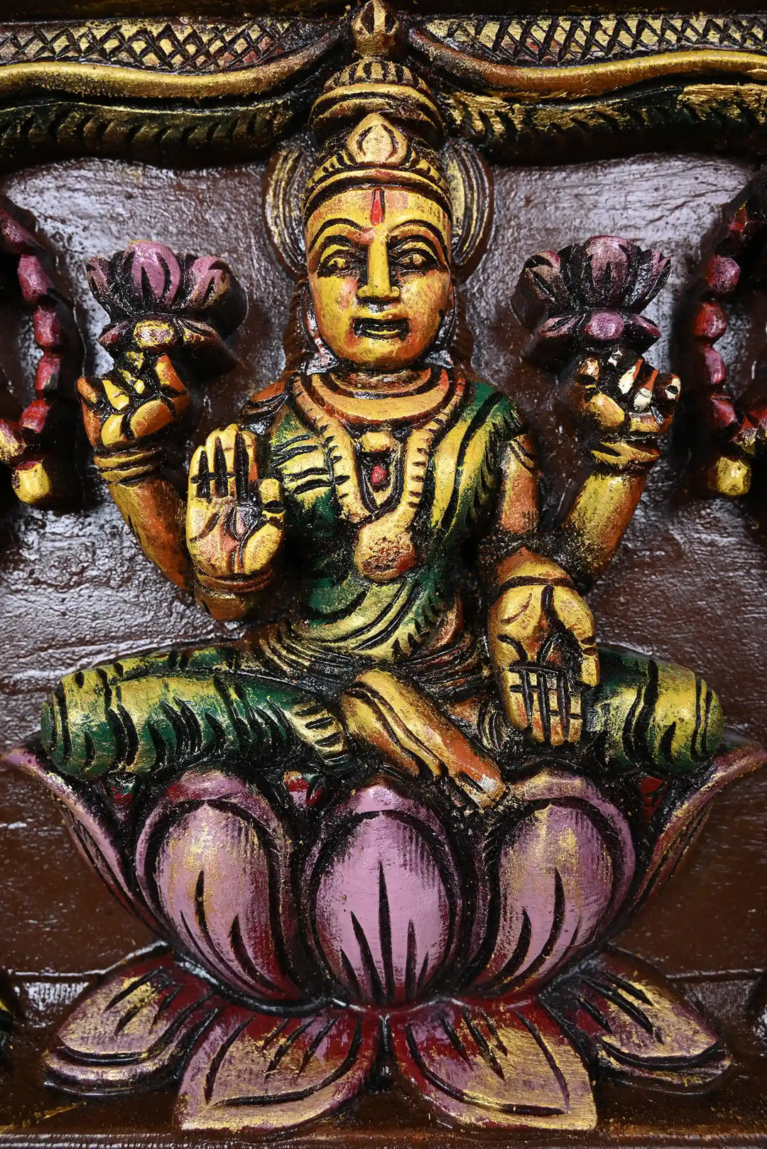 Multicolourd Gajalakshmi with Ganesha and Saraswati Wooden Panel 11.5"