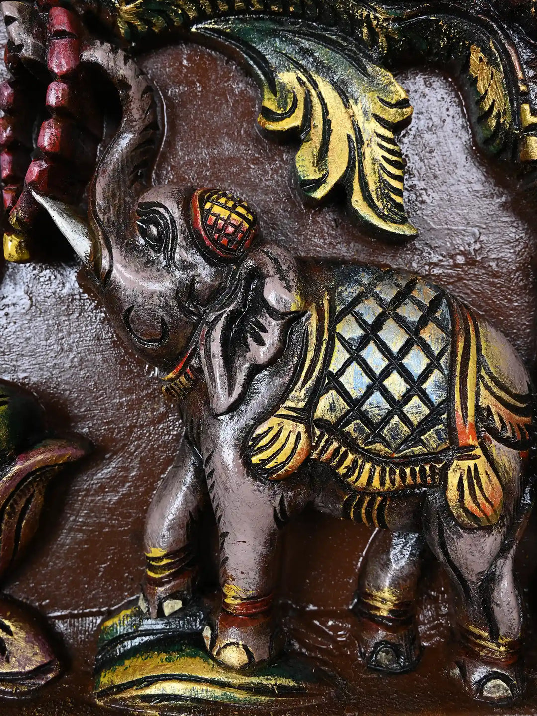 Multicolourd Gajalakshmi with Ganesha and Saraswati Wooden Panel 11.5"