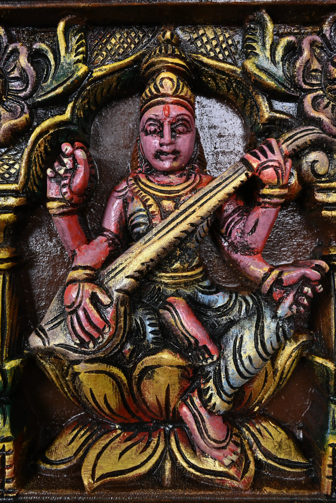 Multicolourd Gajalakshmi with Ganesha and Saraswati Wooden Panel 11.5"