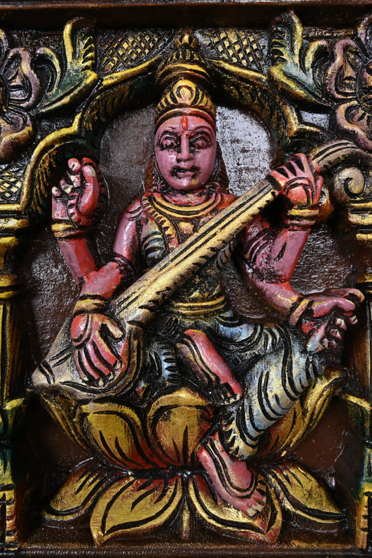 Multicolourd Gajalakshmi with Ganesha and Saraswati Wooden Panel 11.5"