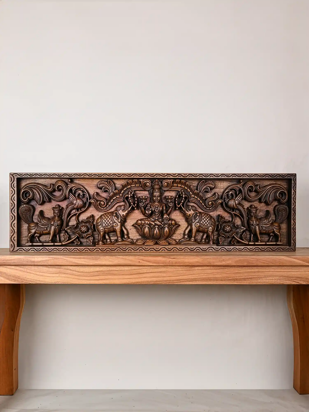 Gajalakshmi with kamadhenu wooden panel