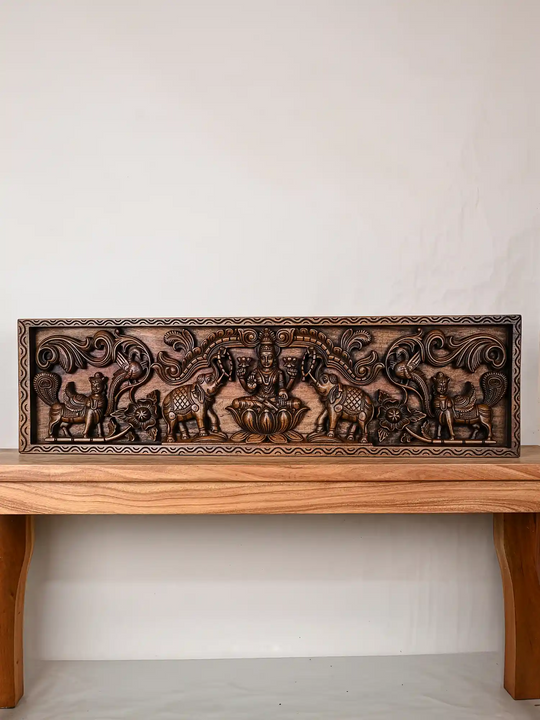 Gajalakshmi with kamadhenu wooden panel