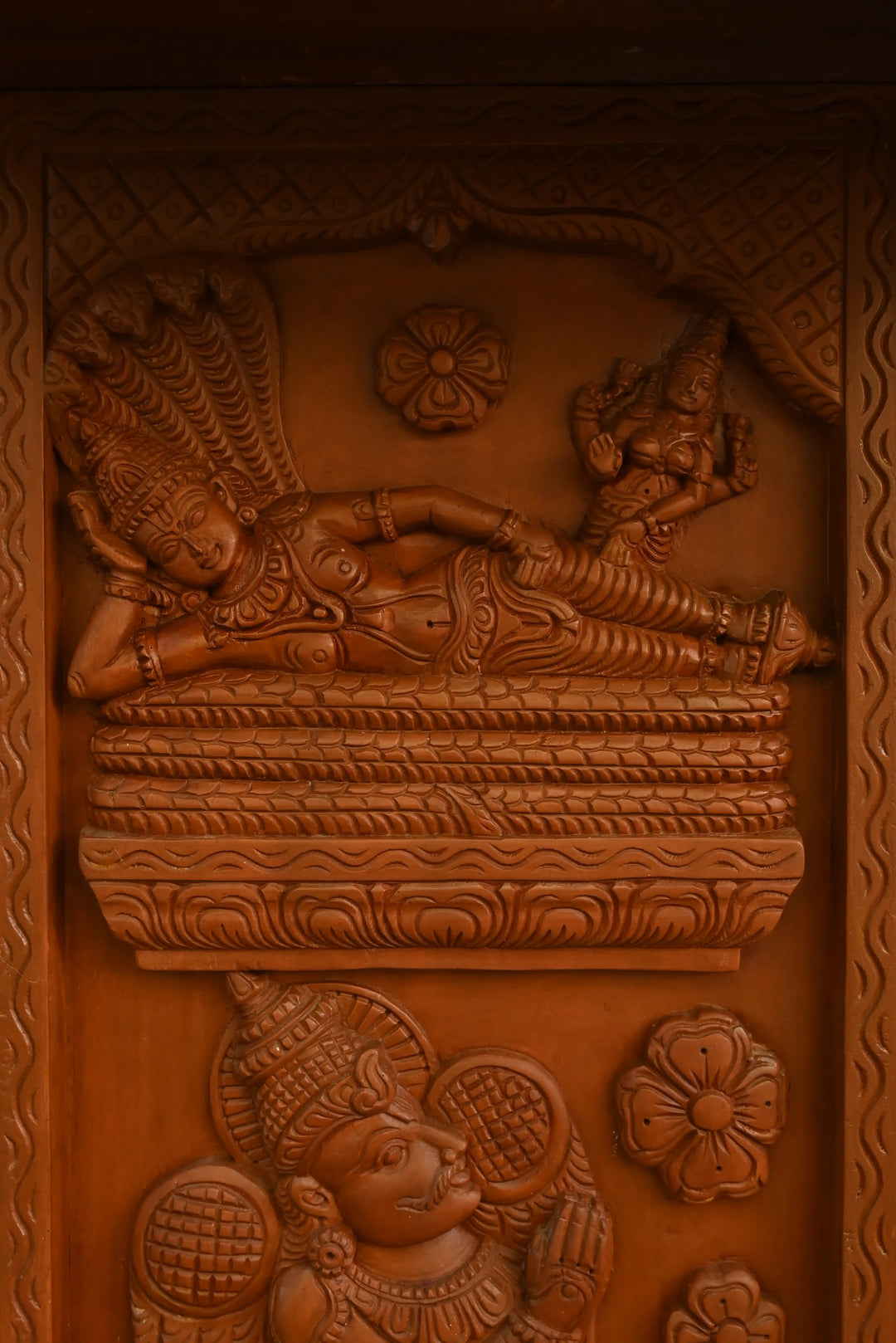 Hand-Carved Temple Frame with Vishnu and Lakshmi 45"