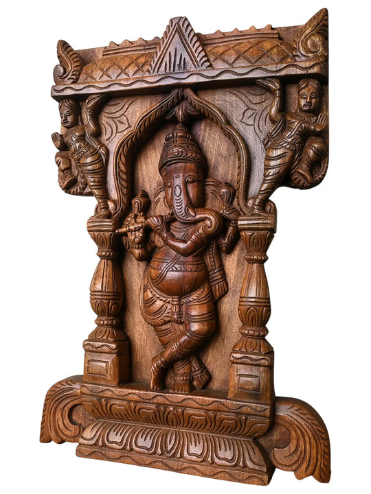 Wooden Temple Style Ganesha Wall Sculpture 18"