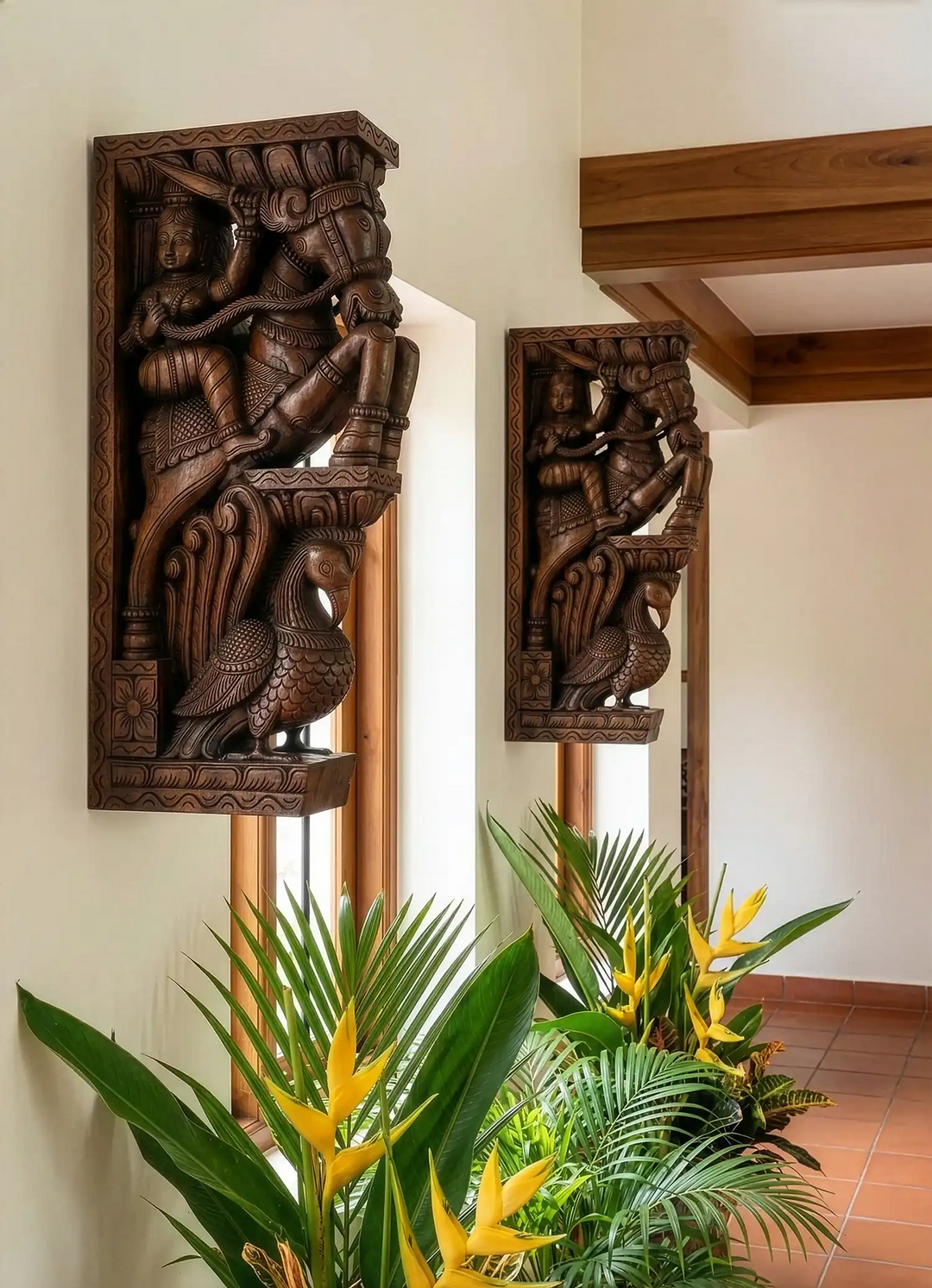 Wooden Peacock Corbel with Warrior Sculpture