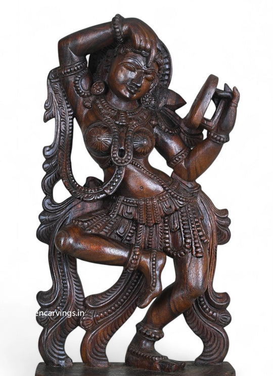Wood Gorgeous Standing Apsara Wear Bindi Sculpture 26"