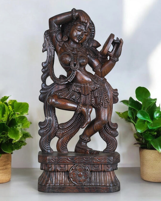 Wood Gorgeous Standing Apsara Wear Bindi Sculpture 26"