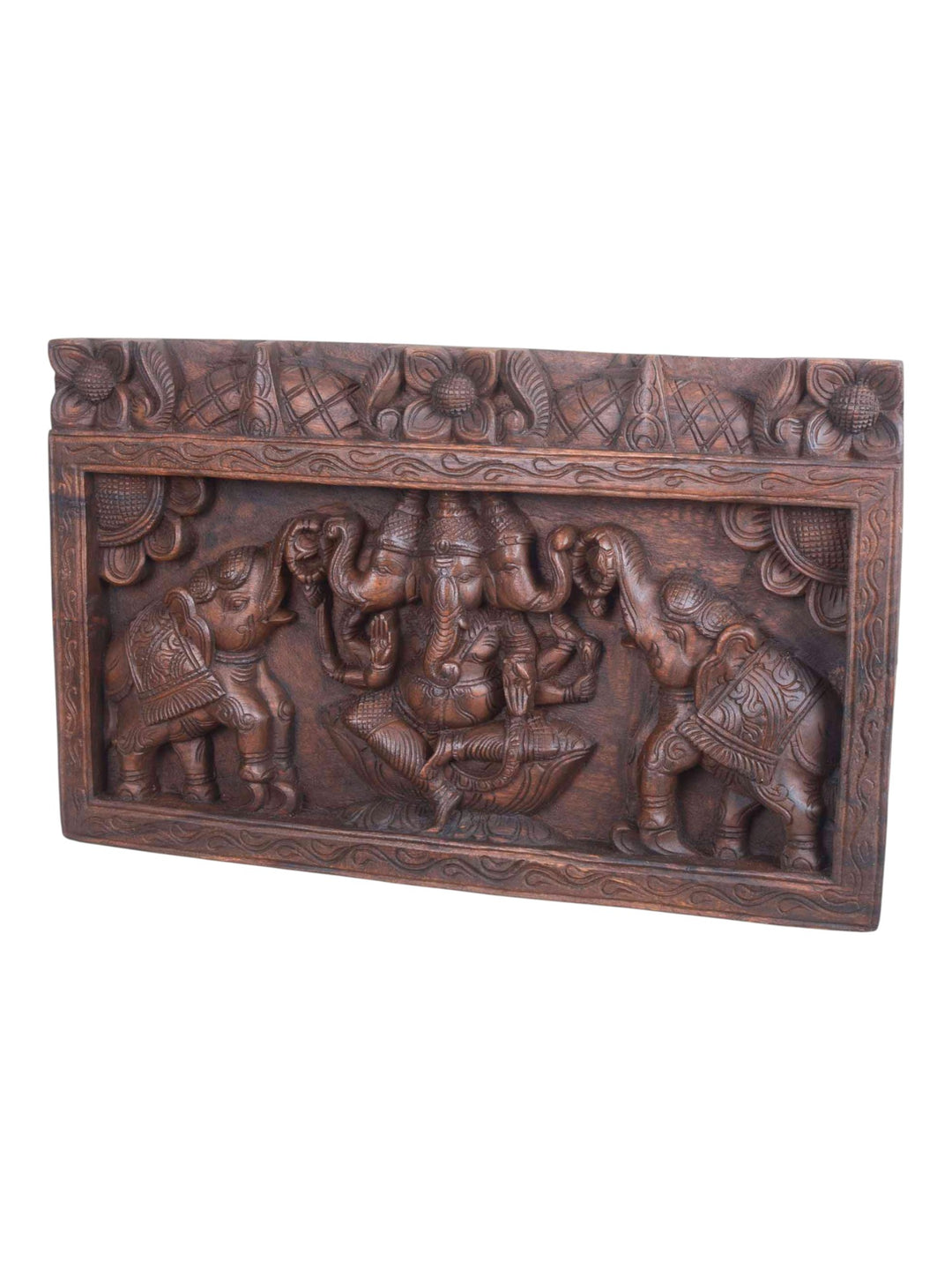 Trimukha Ganesha with Elephants Floral Design panel 24"