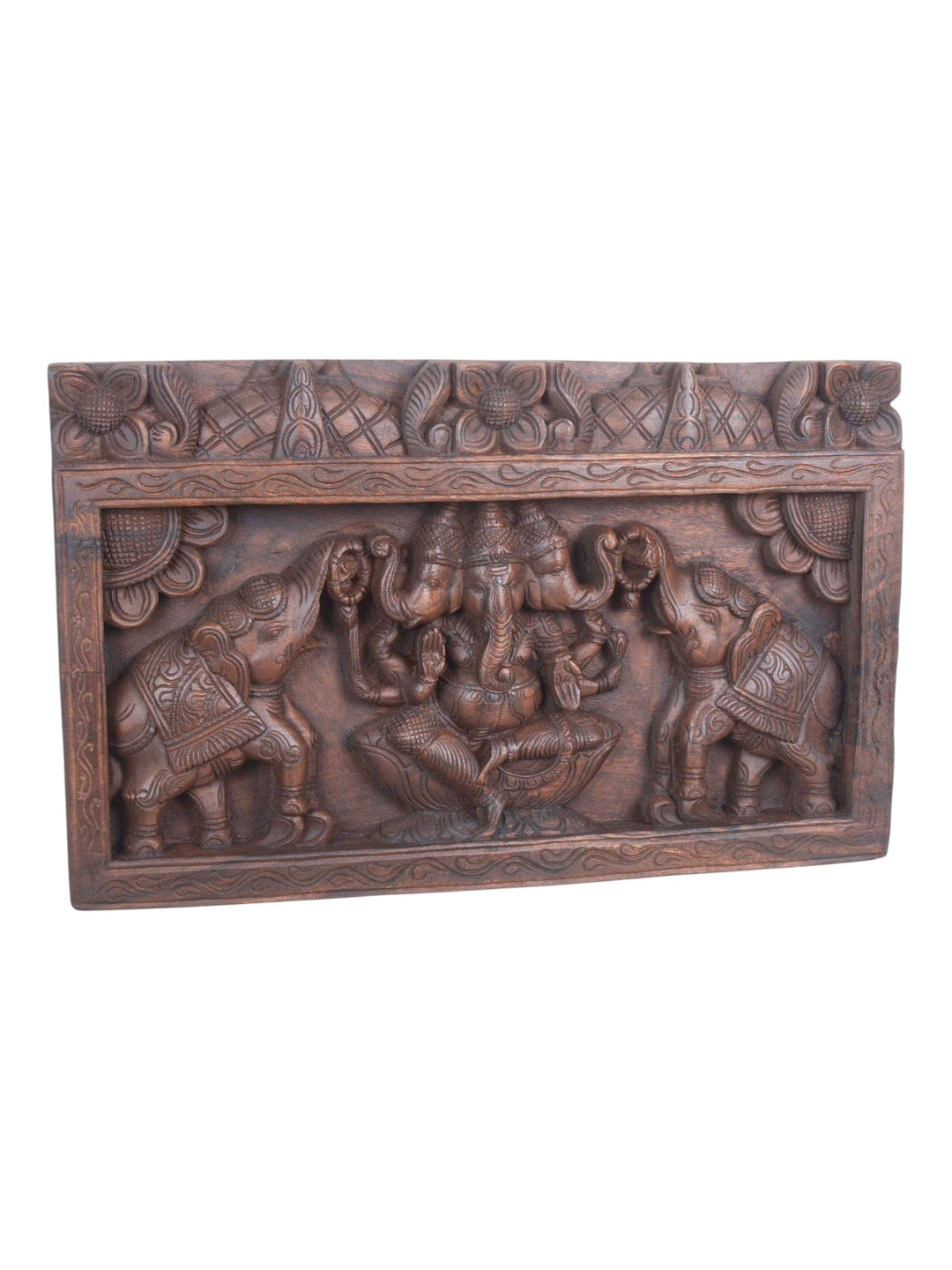 Trimukha Ganesha with Elephants Floral Design panel 24"