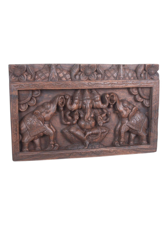 Trimukha Ganesha with Elephants Floral Design panel 24"