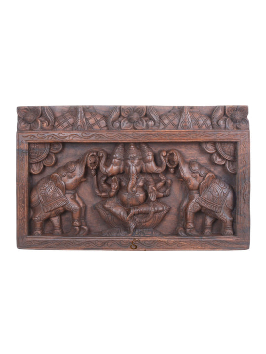 Trimukha Ganesha with Elephants Floral Design panel 24"