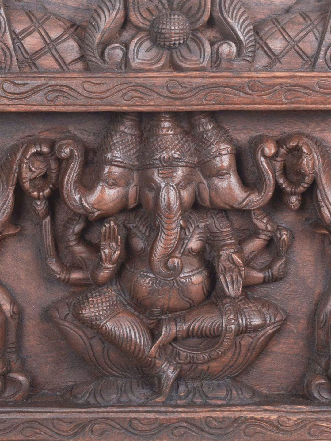 Trimukha Ganesha with Elephants Floral Design panel 24"