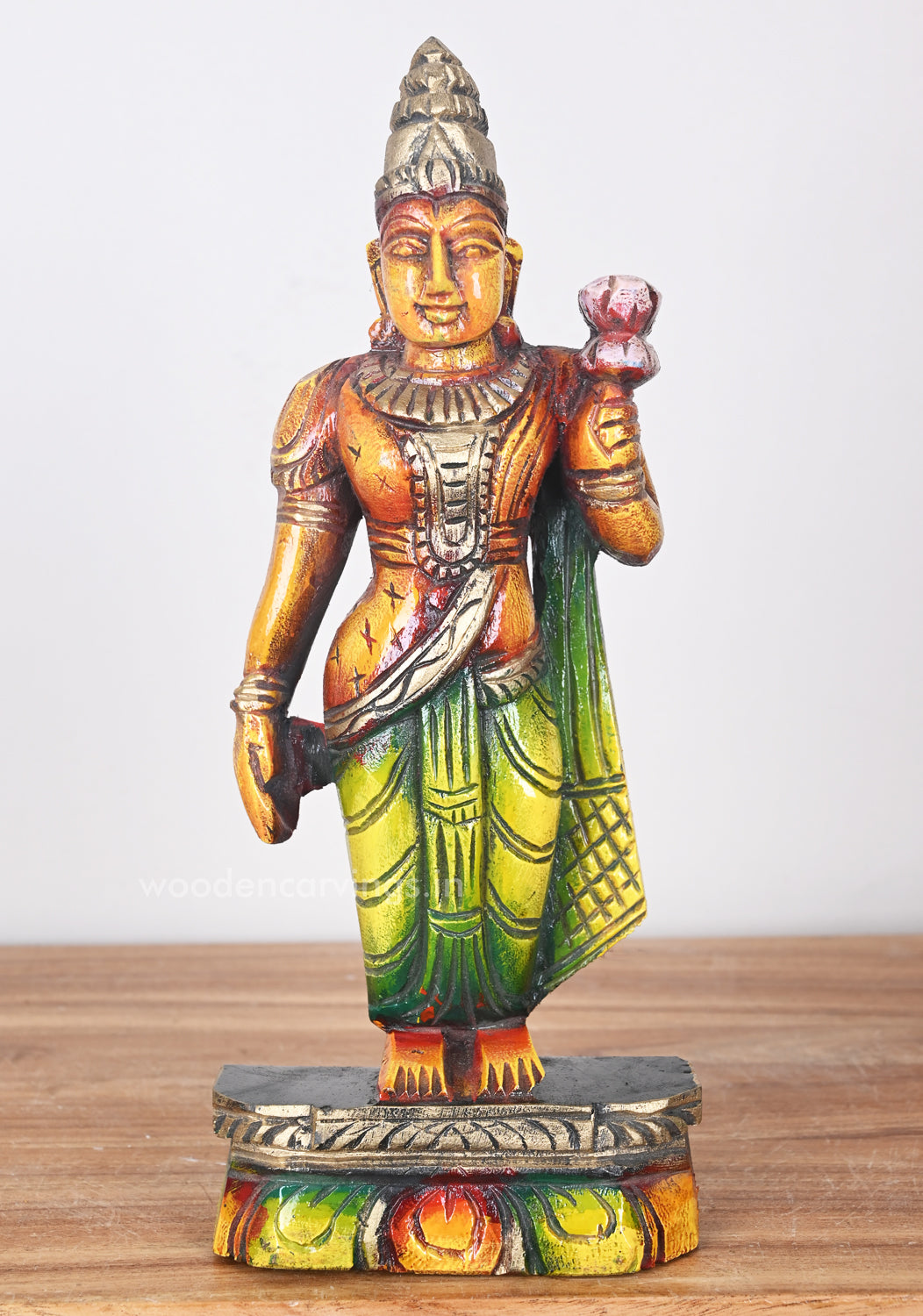 12" Goddess Lakshmi Standing on Beedam and Holding Lotus Sculpture