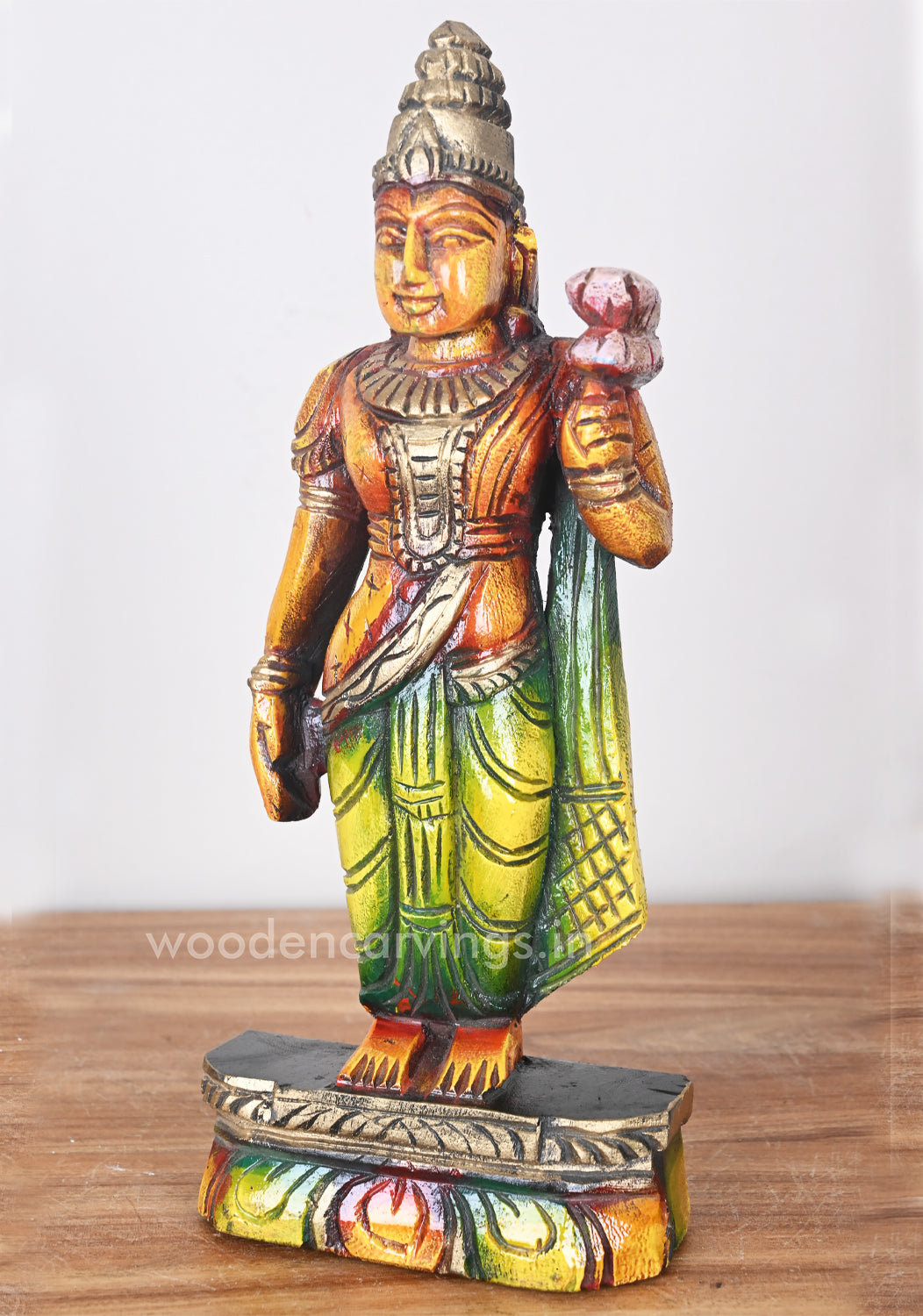12" Goddess Lakshmi Standing on Beedam and Holding Lotus Sculpture