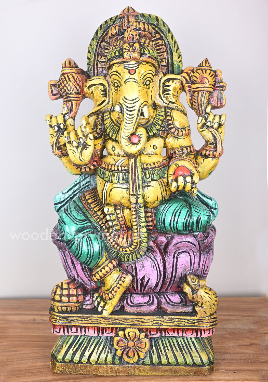Figurine of Yellow Ganesha on Pink Lotus with His Vahana Mouse Wooden Sculpture 24"