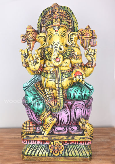 Figurine of Yellow Ganesha on Pink Lotus with His Vahana Mouse Wooden Sculpture 24"