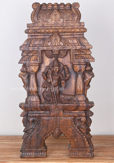 Traditional Hindu God Lord Muruga Standing With Peacock Wooden Wax Brown Finishing Kavadi 24"