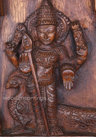 Traditional Hindu God Lord Muruga Standing With Peacock Wooden Wax Brown Finishing Kavadi 24"