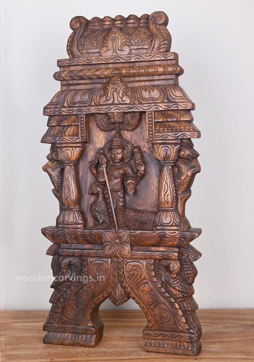 Traditional Hindu God Lord Muruga Standing With Peacock Wooden Wax Brown Finishing Kavadi 24"