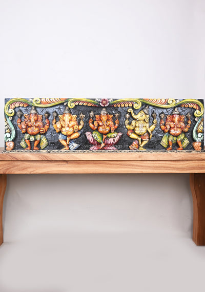 New Collection of Lord Ganesha Five Figurines Multicoloured Horizontal Wall Panel 37"
