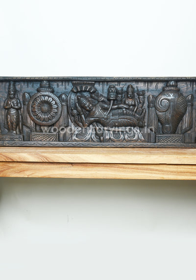 Wooden Reclining Ranganathar on Serpent With Goddess lakshmi Wooden Wall Panel 49"