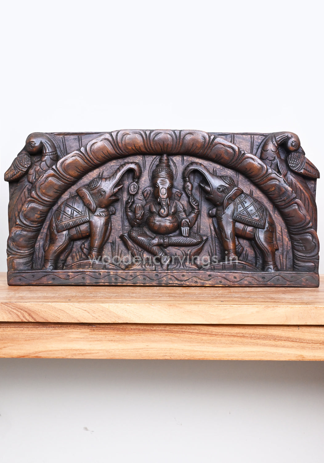 Arch Petal Design Gaja Ganesha With Parrots Horizontal Wooden Wall Panel 24"