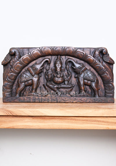 Arch Petal Design Gaja Ganesha With Parrots Horizontal Wooden Wall Panel 24"