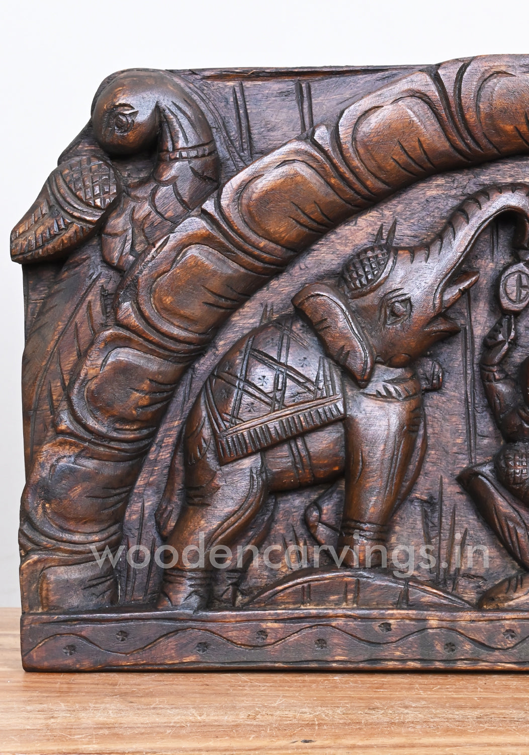 Arch Petal Design Gaja Ganesha With Parrots Horizontal Wooden Wall Panel 24"