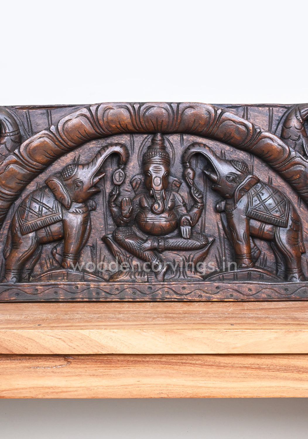 Arch Petal Design Gaja Ganesha With Parrots Horizontal Wooden Wall Panel 24"