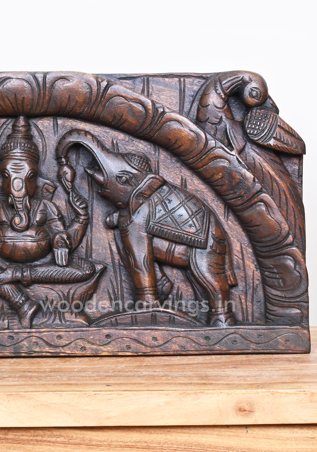 Arch Petal Design Gaja Ganesha With Parrots Horizontal Wooden Wall Panel 24"
