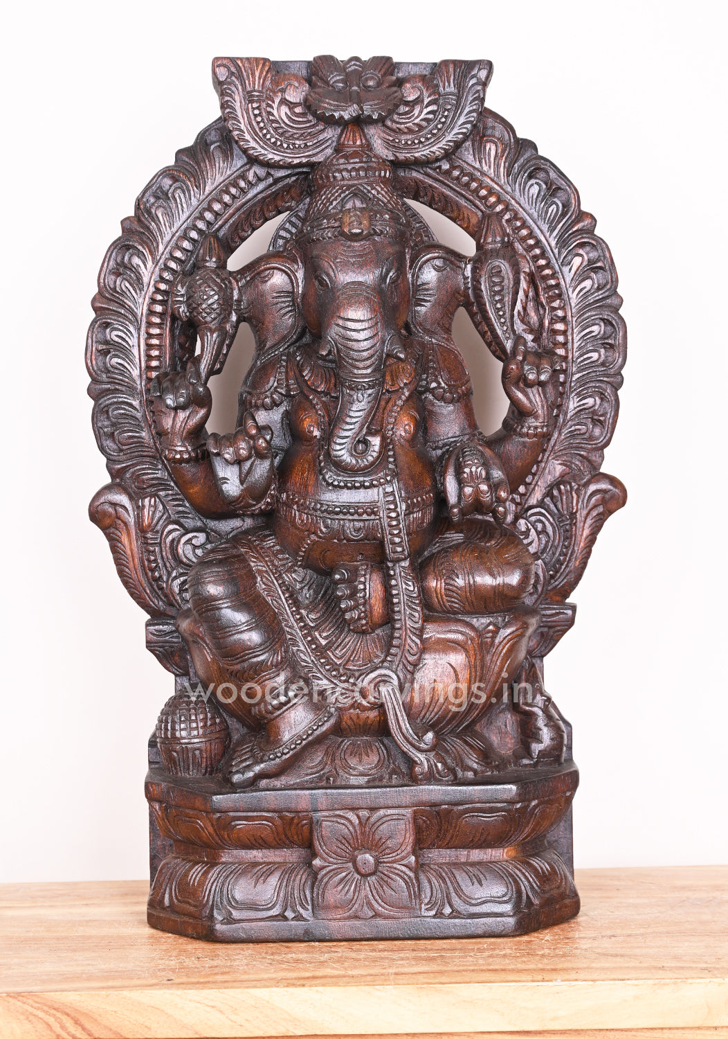 Maha Ganapathi Wooden Arch Handmade Beautiful Pooja Room Decor Wax Brown Sculpture 24"