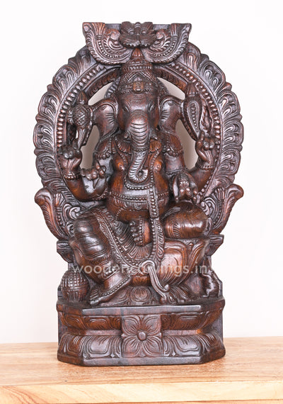 Maha Ganapathi Wooden Arch Handmade Beautiful Pooja Room Decor Wax Brown Sculpture 24"