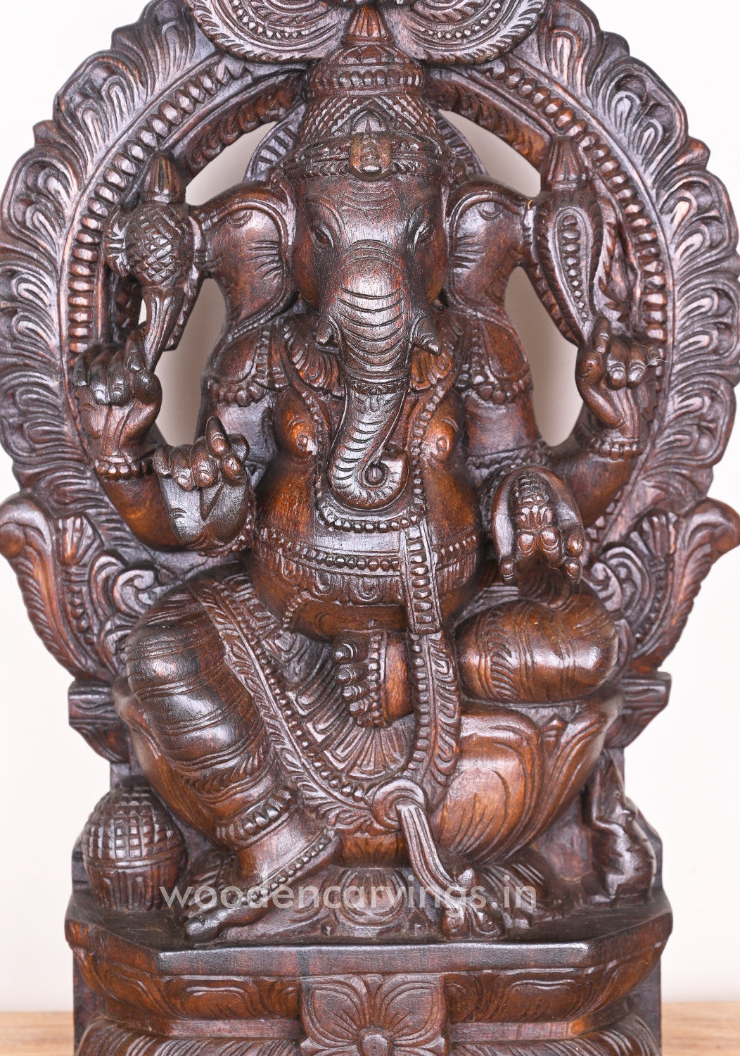 Maha Ganapathi Wooden Arch Handmade Beautiful Pooja Room Decor Wax Brown Sculpture 24"