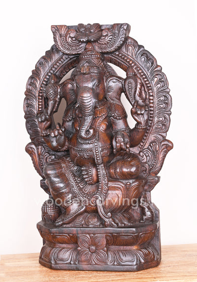 Maha Ganapathi Wooden Arch Handmade Beautiful Pooja Room Decor Wax Brown Sculpture 24"