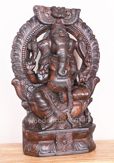 Maha Ganapathi Wooden Arch Handmade Beautiful Pooja Room Decor Wax Brown Sculpture 24"