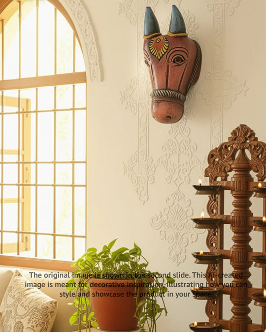 Colorful Ox Face Mask – Handcrafted Solid Wood Wall Art-11.5"