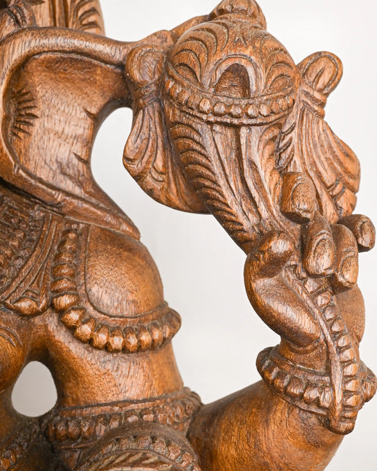 WOODEN GANESHA STATUE SEATED ON MOUSE 30"
