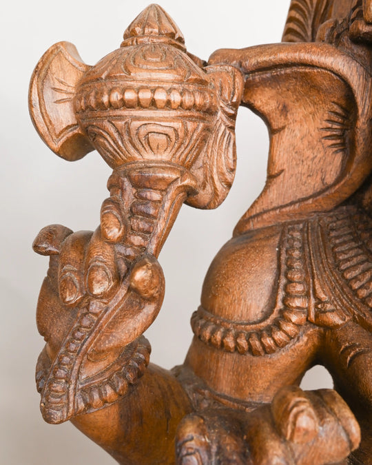 WOODEN GANESHA STATUE SEATED ON MOUSE 30"