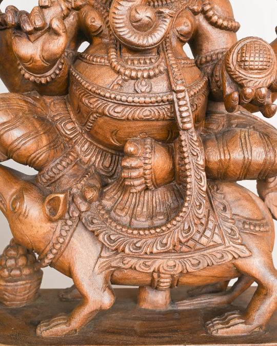 WOODEN GANESHA STATUE SEATED ON MOUSE 30"