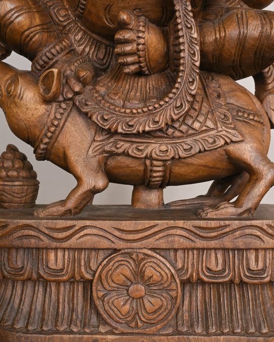 WOODEN GANESHA STATUE SEATED ON MOUSE 30"